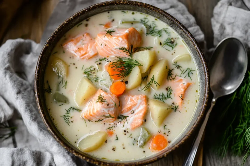 What is salmon soup made of
