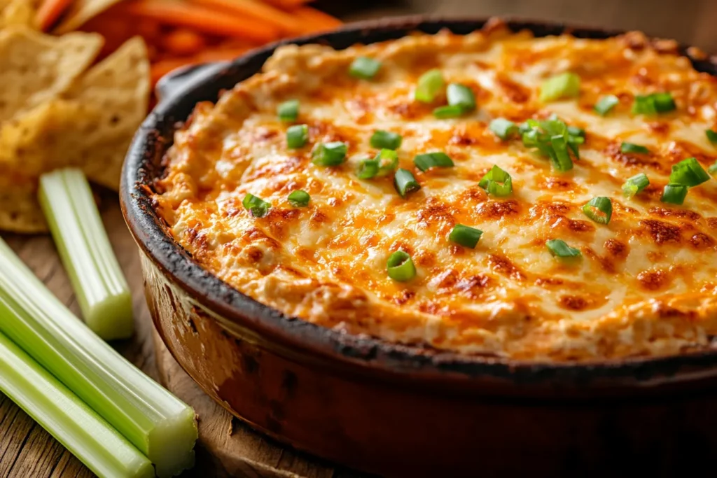 Charri A close up of a cheesy bubbling buffalo chicken dip wi da0c4702 51b7 4674 9d3d af4c0df9a44f 1 - The Ultimate Buffalo Chicken Dip with Cottage Cheese Recipe – High Protein & Delicious