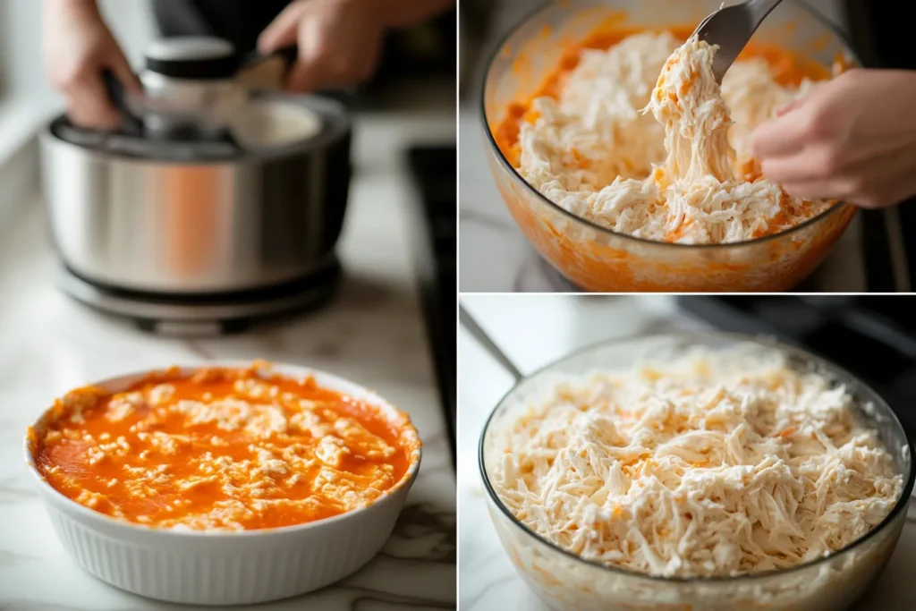 Charri A step by step collage of the buffalo chicken dip bein d7b662f5 4d60 4e63 9c1a 88c43c9cc40d 1 6 - The Ultimate Buffalo Chicken Dip with Cottage Cheese Recipe – High Protein & Delicious