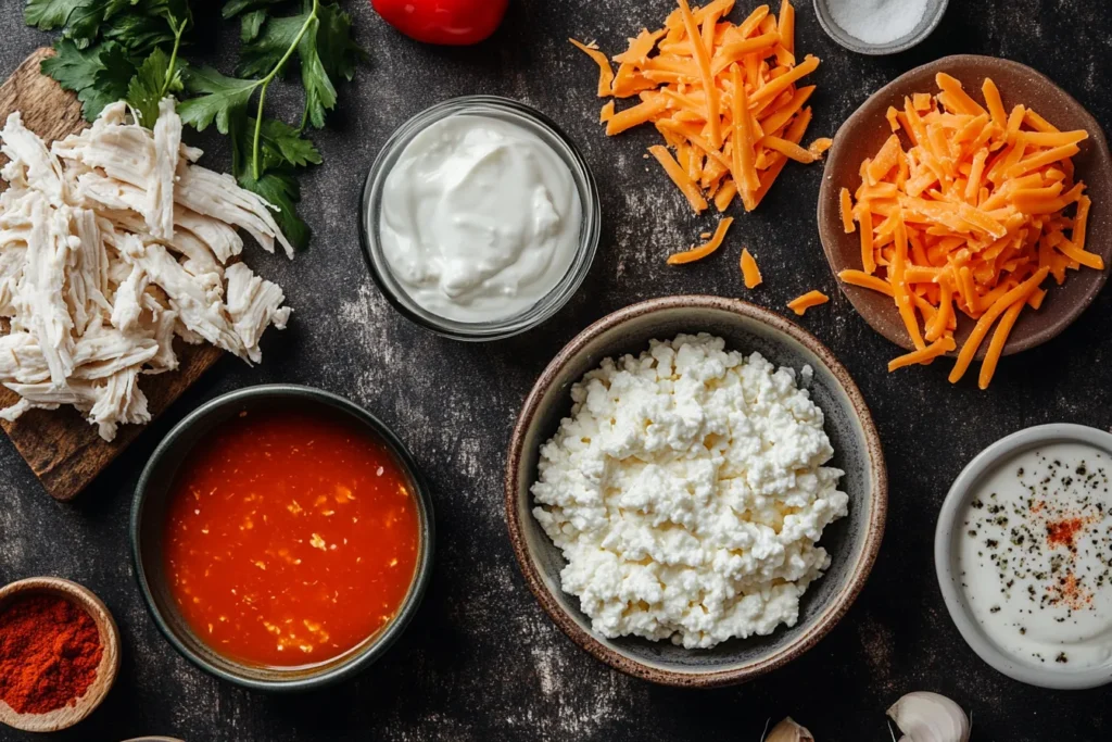 Charri Flat lay shot of fresh ingredients for buffalo chicken ab1391fc 8925 4403 9254 7c1bd16f3743 1 - The Ultimate Buffalo Chicken Dip with Cottage Cheese Recipe – High Protein & Delicious